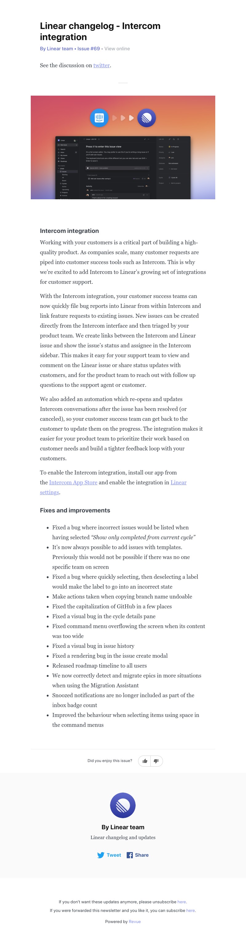 Linear - Linear changelog - Intercom integration