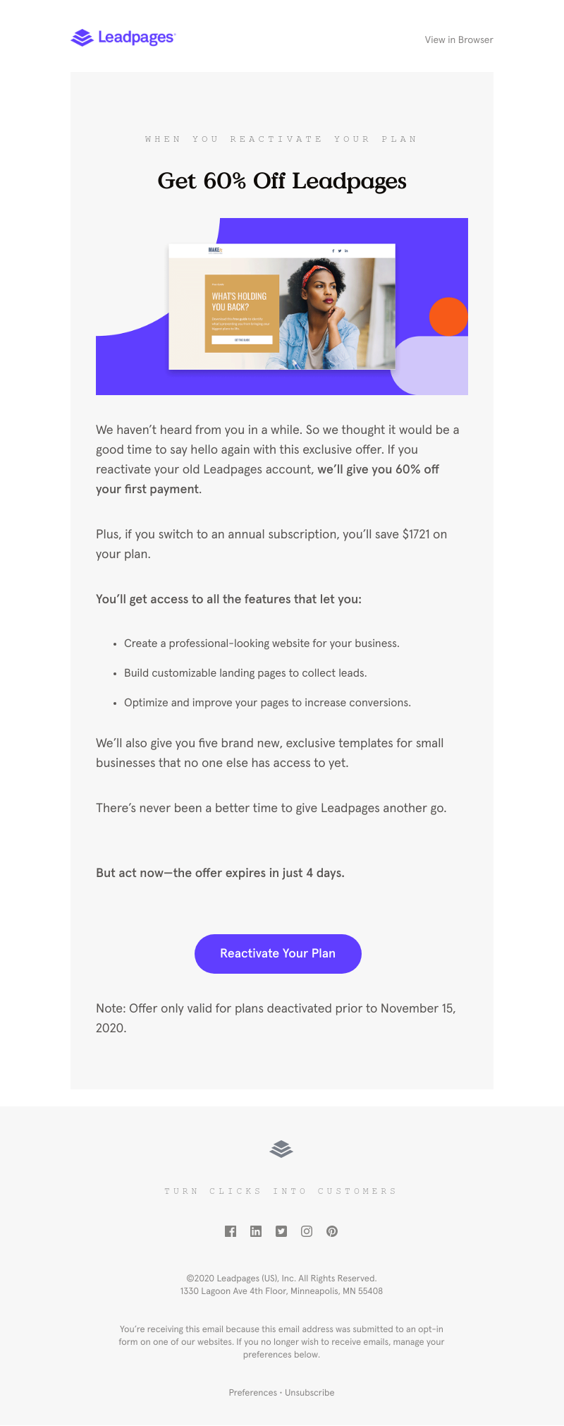 Leadpages - Come back and get 60% off your old plan
