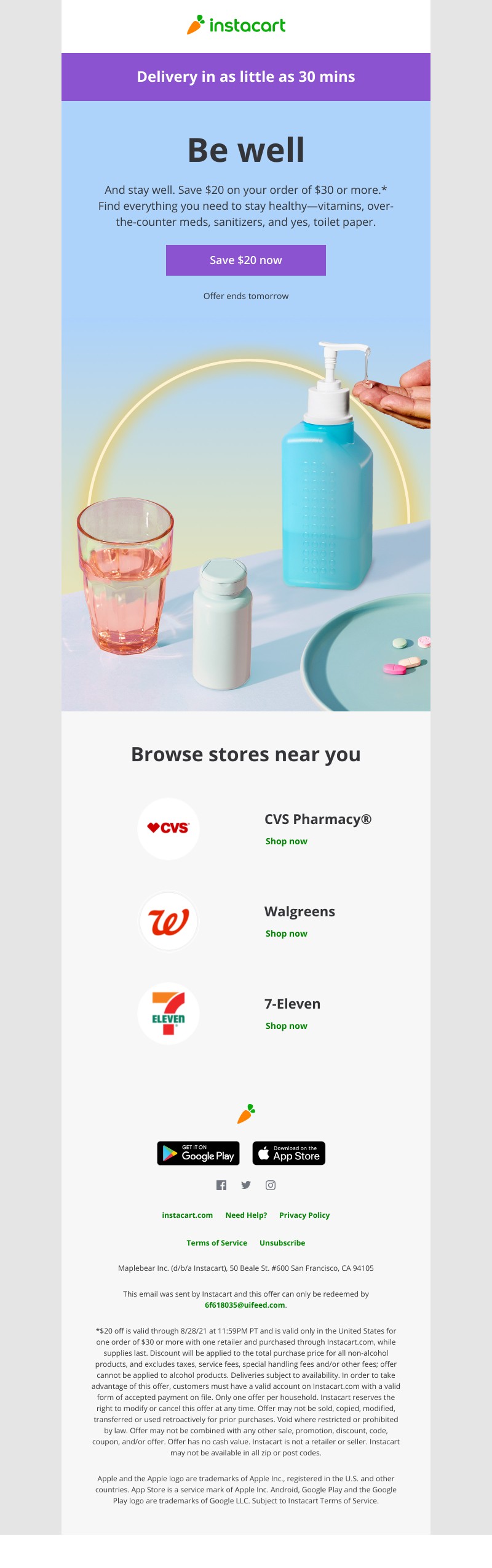 Instacart - Restock that medicine cabinet. Save $20 on health and hygiene essentials.
