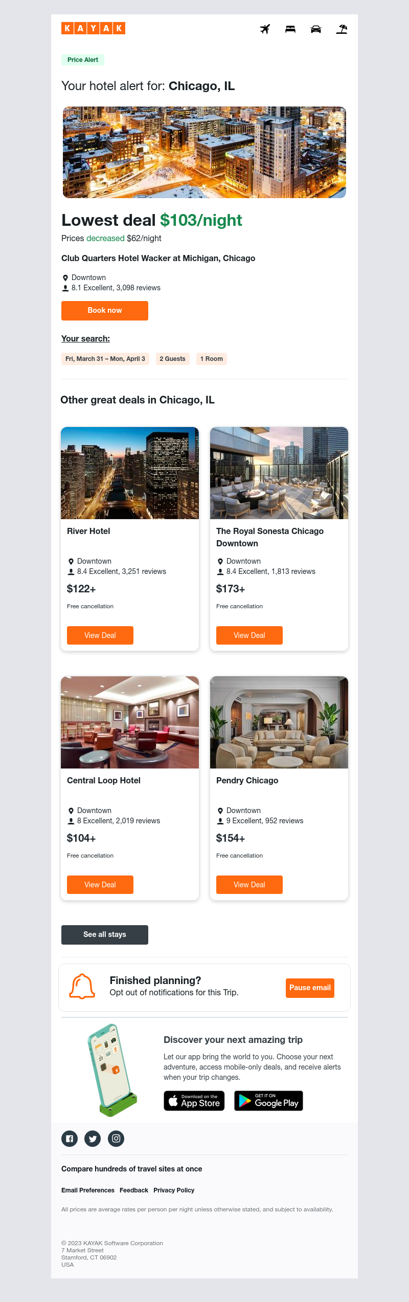 Kayak - Jackpot: Hotel prices dropped $62 in Chicago, IL!