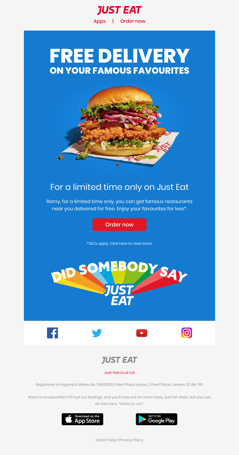 Just Eat - Ramy, get free delivery on your famous favourites