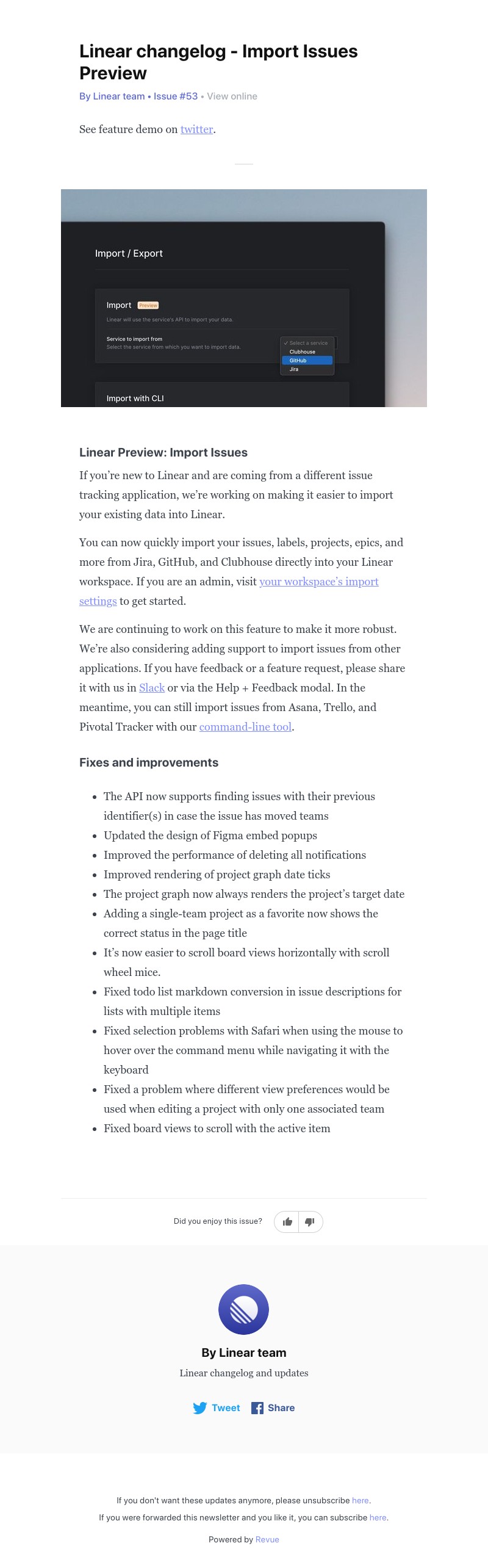 Linear - Linear changelog - Import Issues Preview