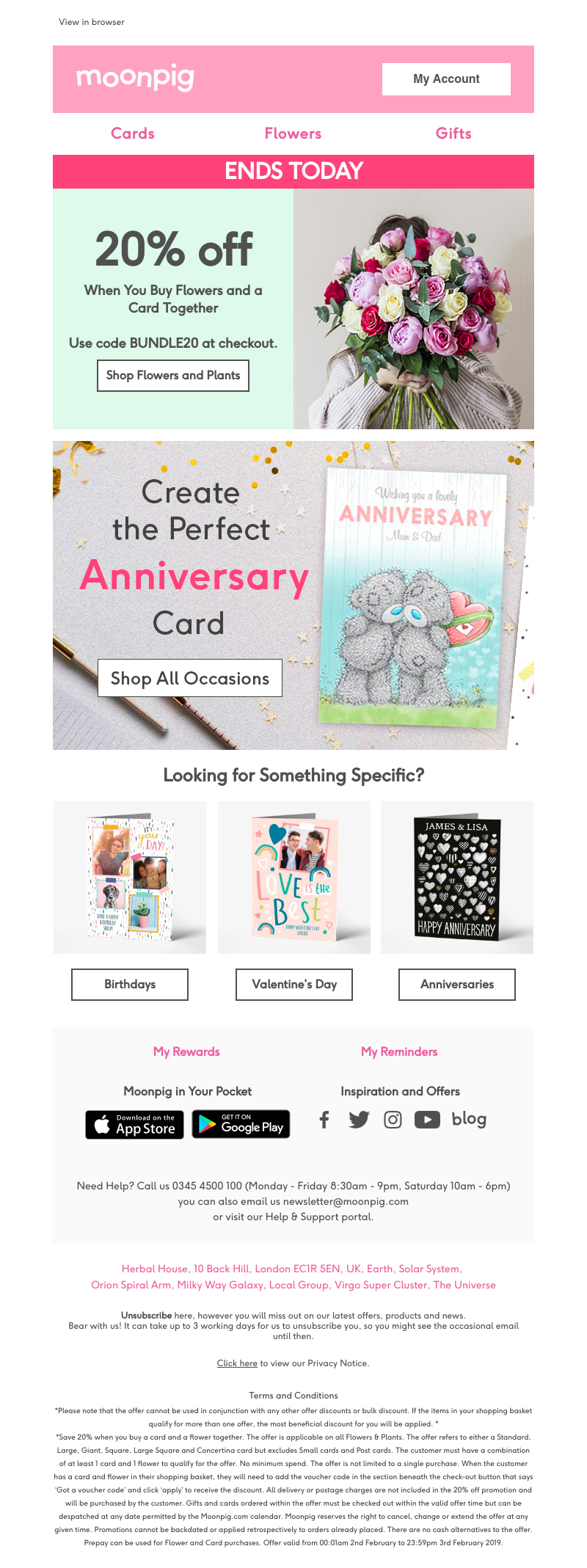 Moonpig - Ends today - 20% off when you buy flowers and a card together!