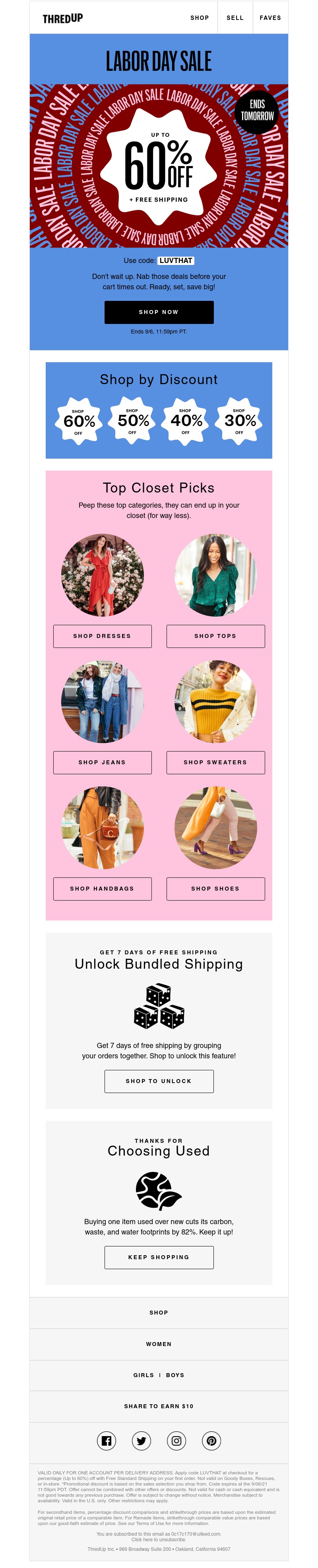 thredUP - Up to 60% off + 🆓 🚢 = Labor Day Sale