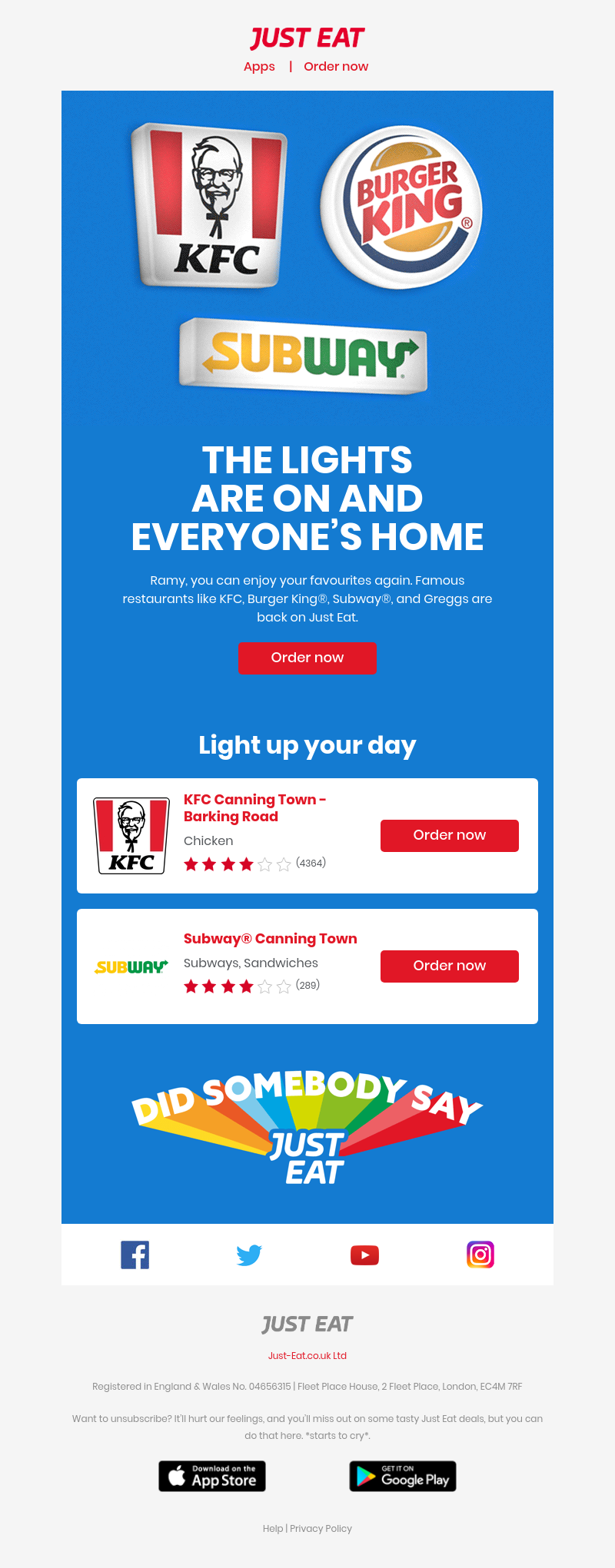Just Eat - Ramy, famous restaurants are back on Just Eat!