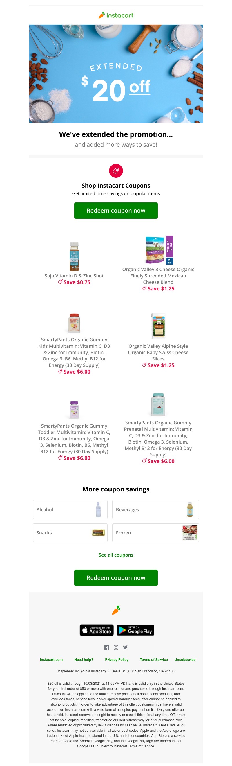 Instacart - 🎉 Extended for you: $20 off your first order
