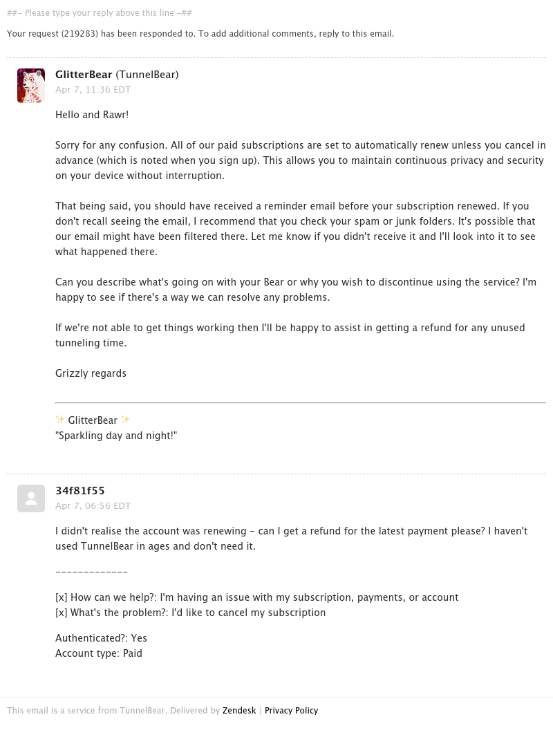  - [TunnelBear] Re: [TB] I didn't realise the account was renewing -