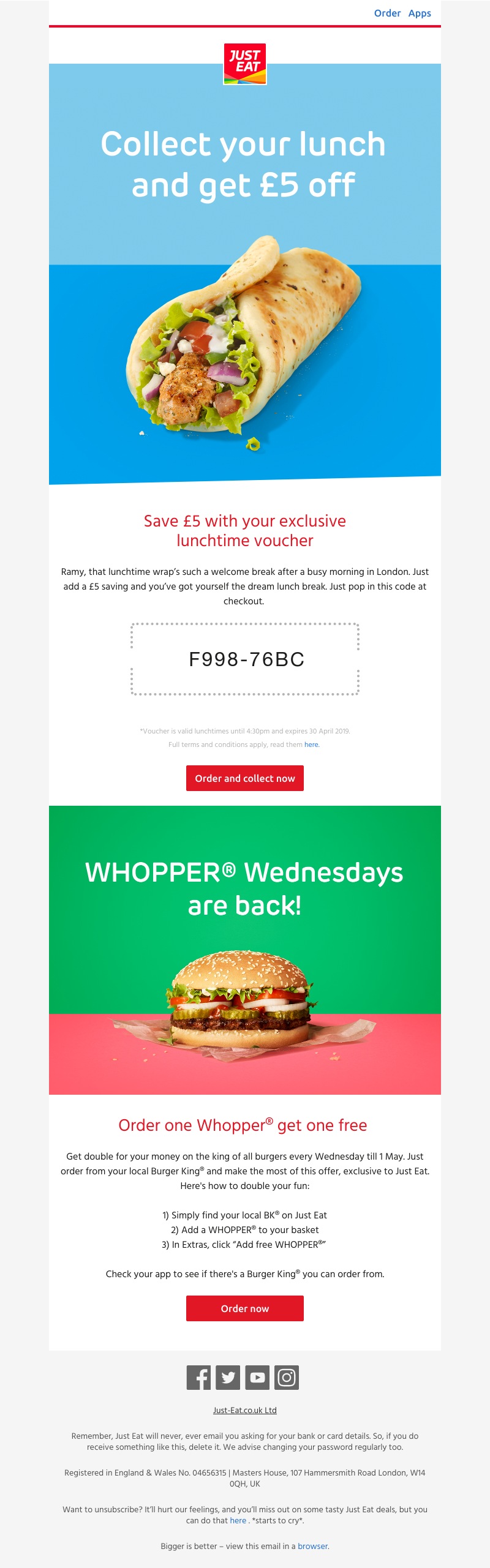 Just Eat - Lunch is sorted, collect and get £5 off