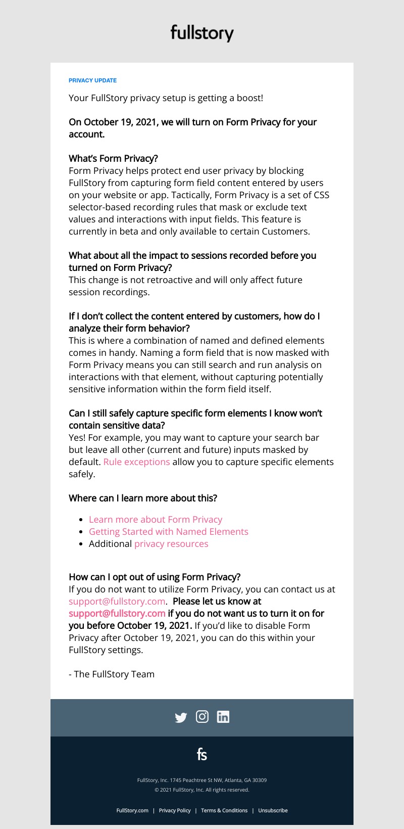 Fullstory - Privacy update from FullStory