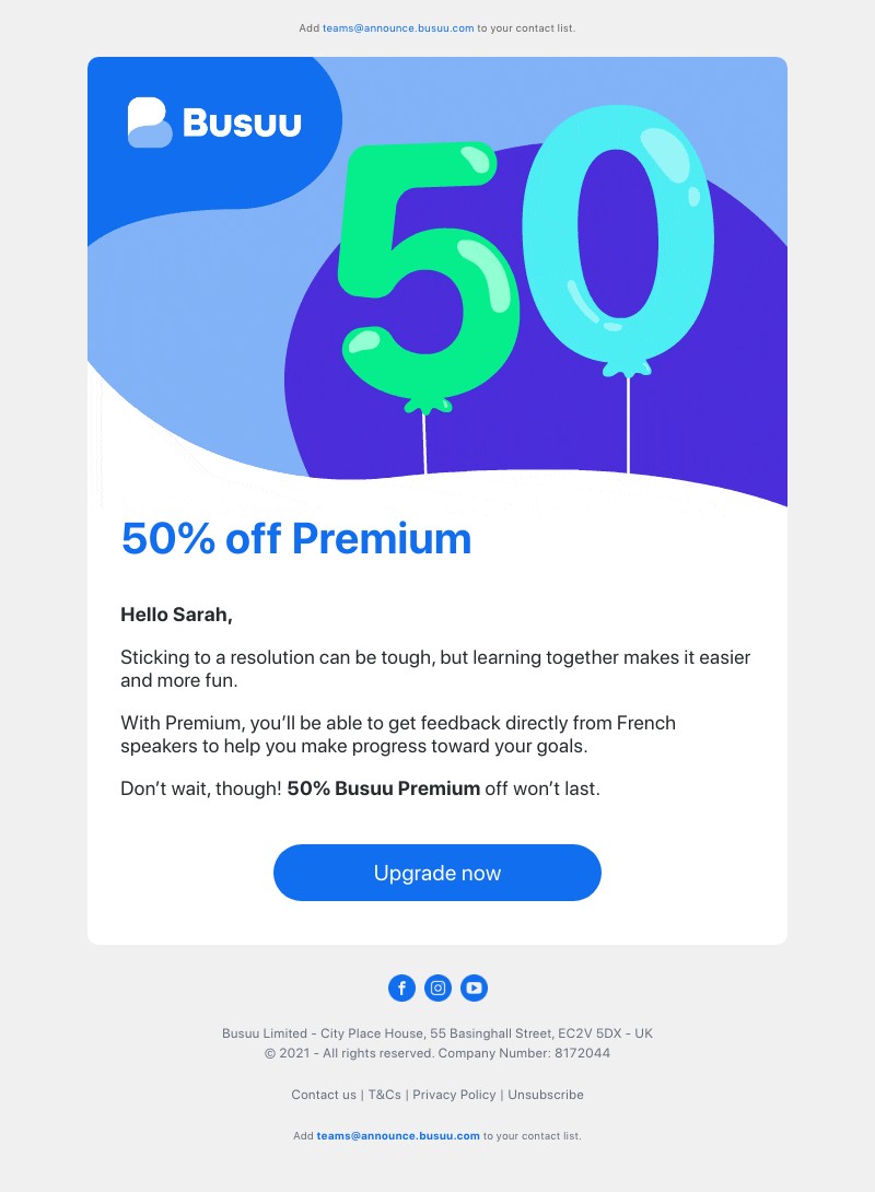 Busuu - Don’t miss out on 50% off 😳 Let’s learn together in 2021 💙 	