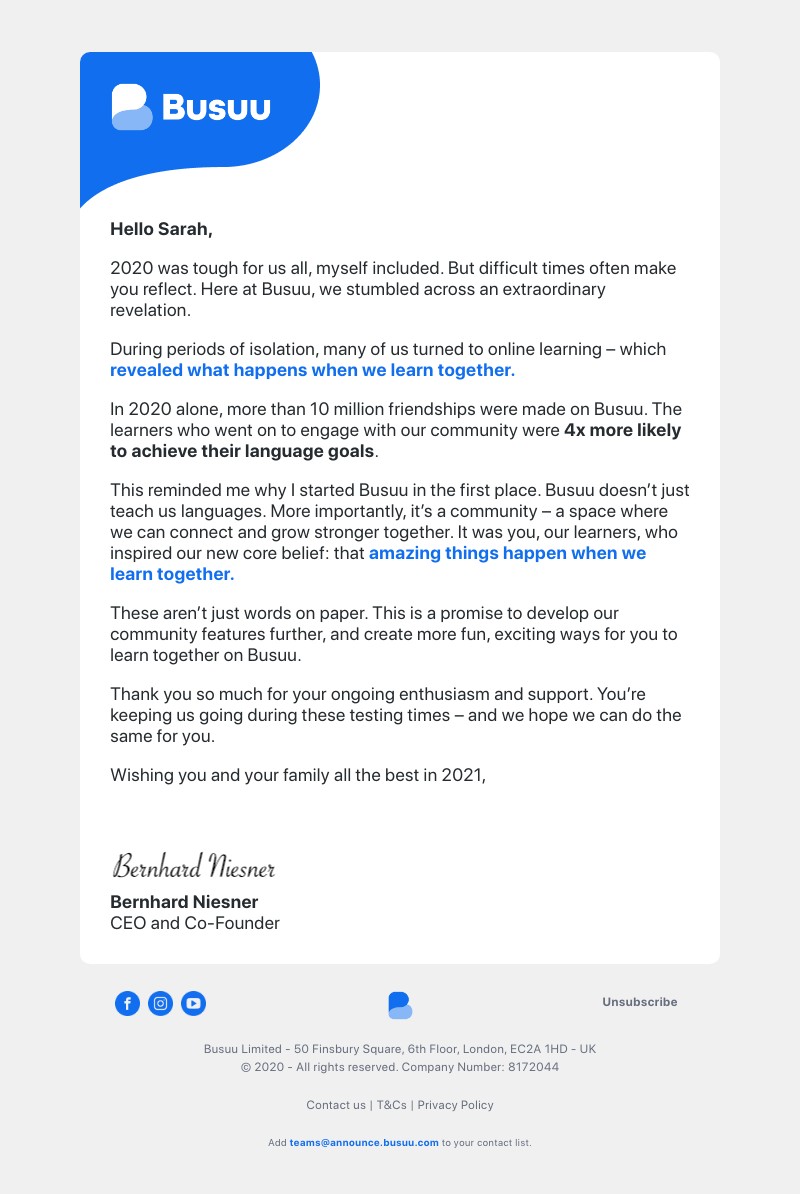 Busuu - Hello Sarah, it’s Bernhard, CEO of Busuu 👋 