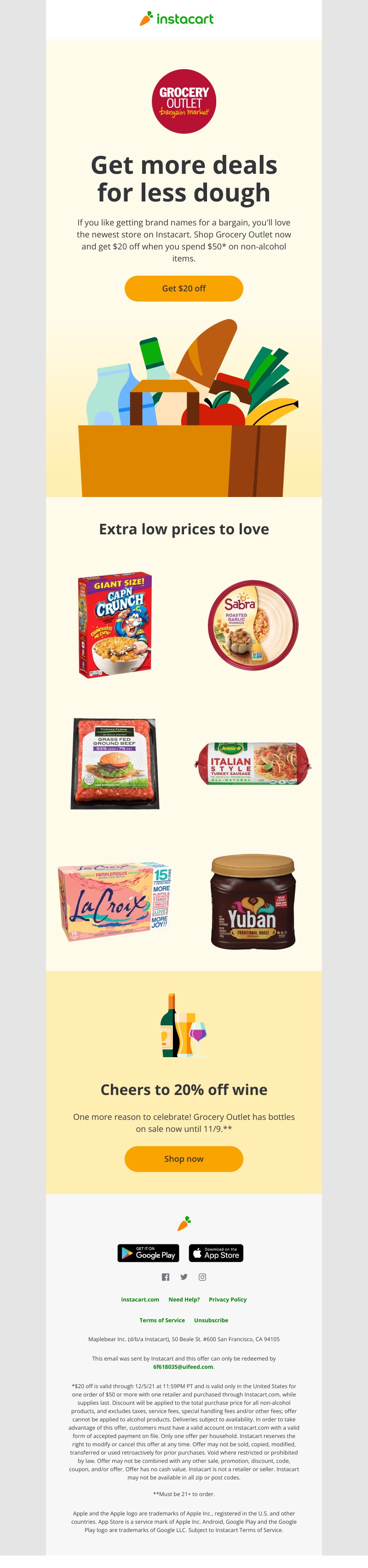 Instacart - New: Grocery Outlet delivery–plus $20 off