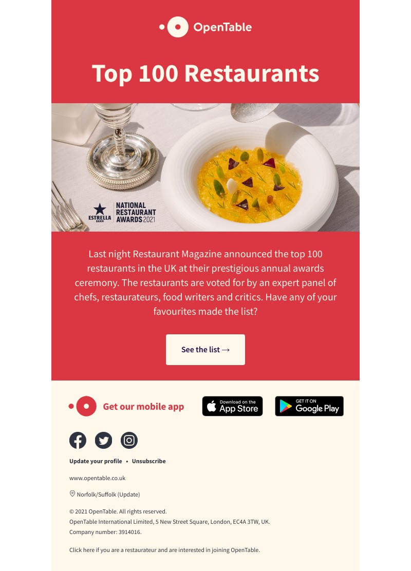 OpenTable - National Restaurant Awards Top 100 Announced!