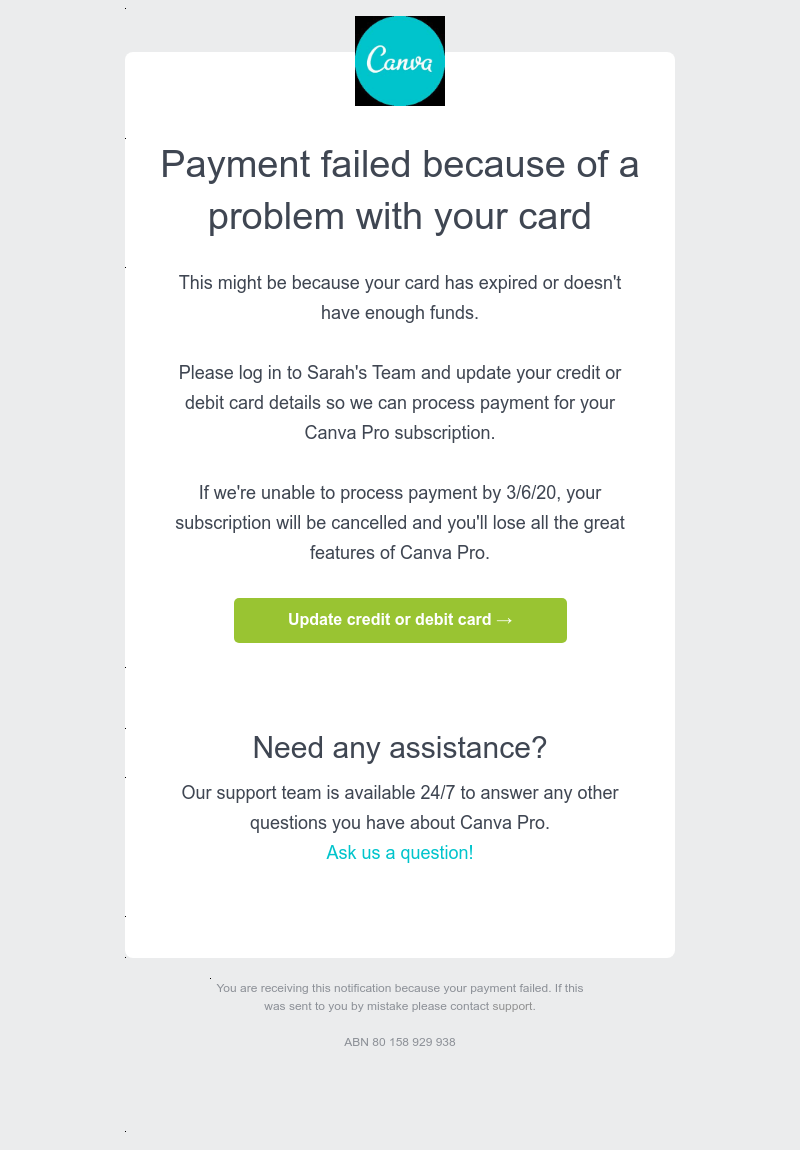 Canva - Action required - please update your payment details for Sarah's Team