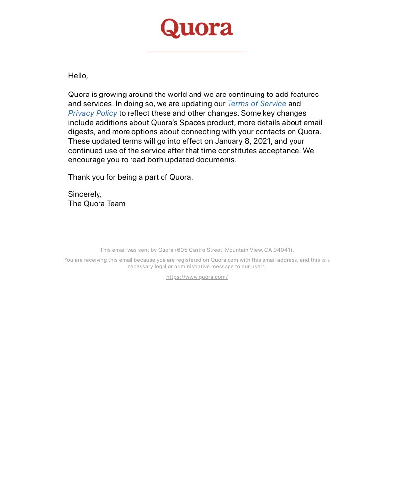 Quora - Updates to our Terms of Service and Privacy Policy