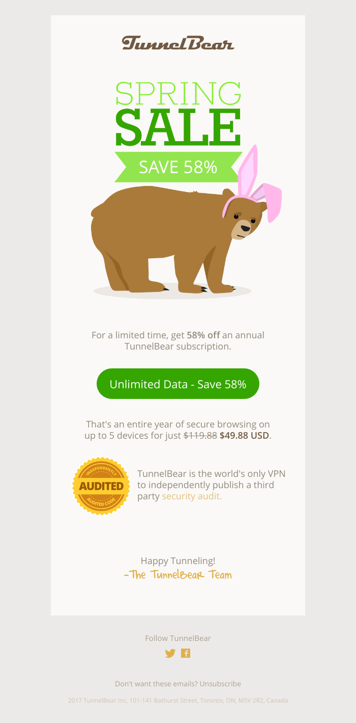  - Hop out of hibernation during TunnelBear's Spring Sale!