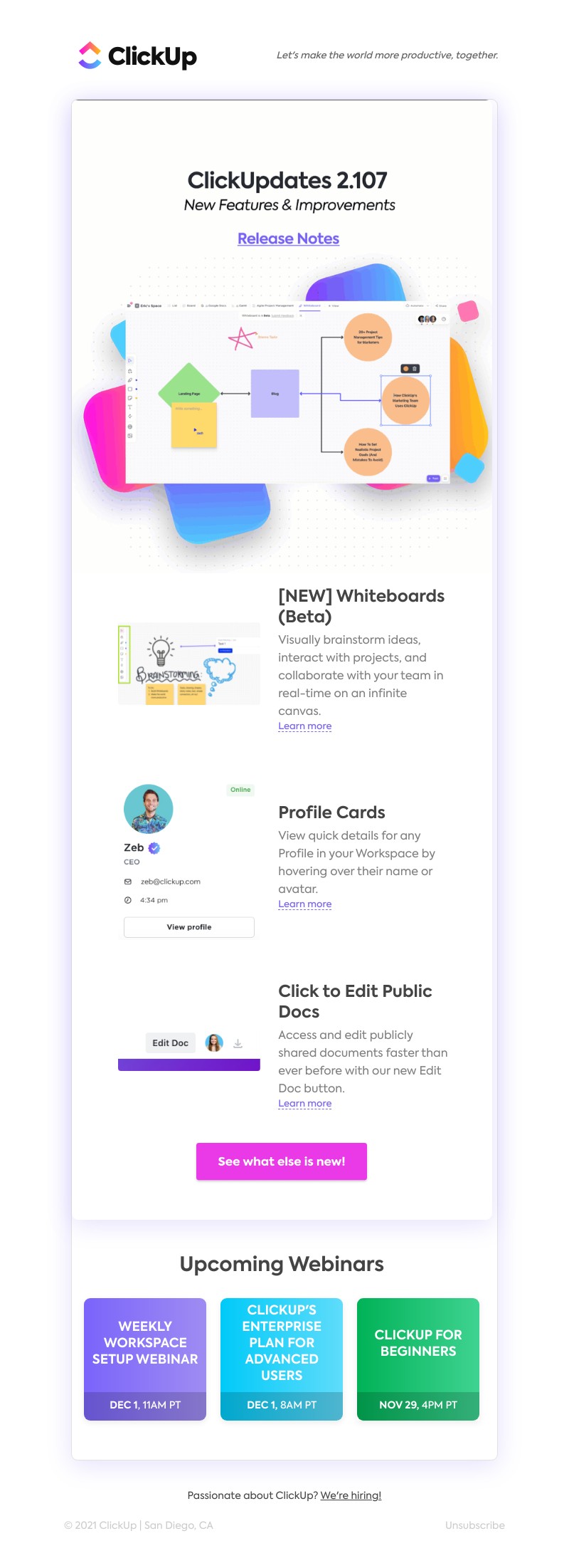 ClickUp - Whiteboards [Beta], Profile Cards, Click to Edit Public Docs, ➕ more!