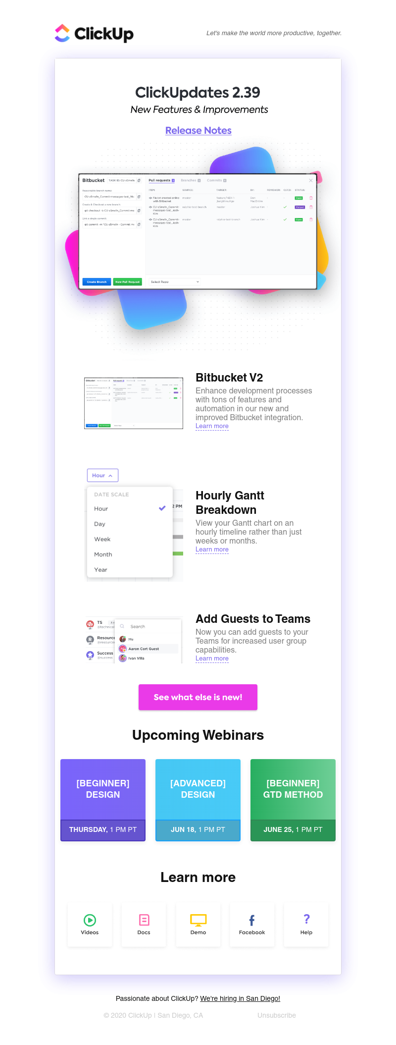 ClickUp - ClickUpdates 2.39 🌳 Bitbucket V2, Hourly Gantt Breakdown, Guests on Teams