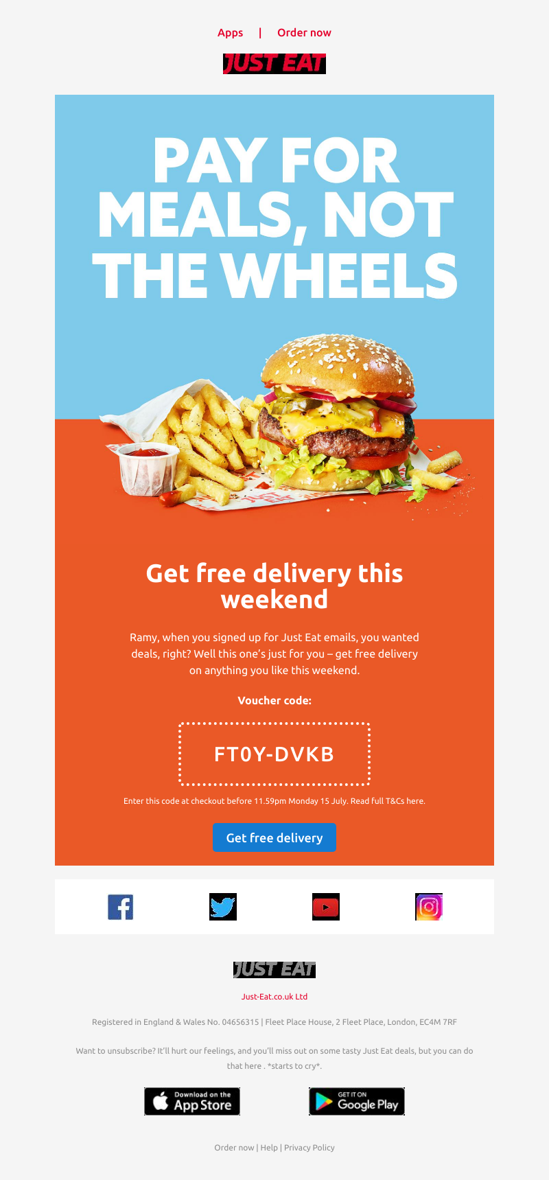 Just Eat - A free delivery voucher just for you, Ramy
