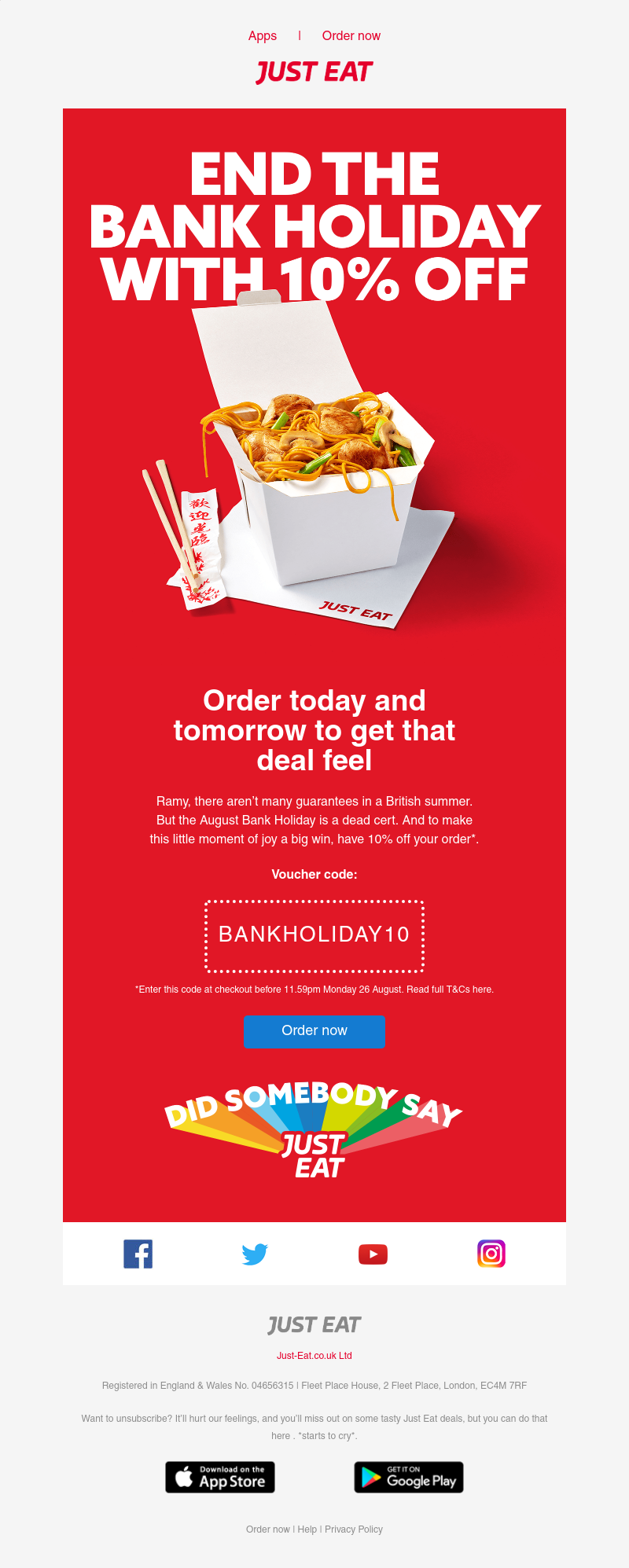 Just Eat - Ramy, get 10% off, today and tomorrow