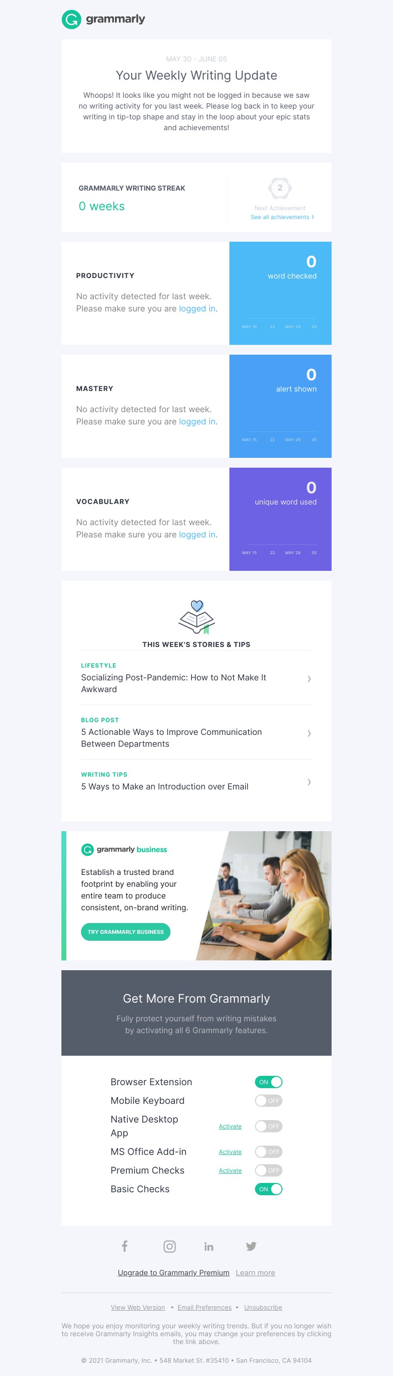 Grammarly - Keep writing to see your super stats.