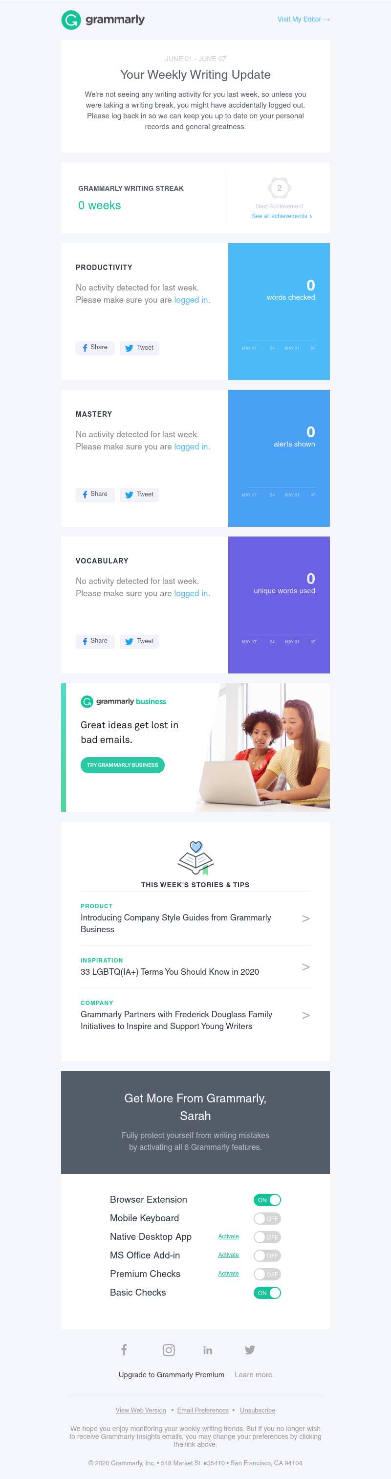 Grammarly - We want to send you stellar stats and awesome achievements!