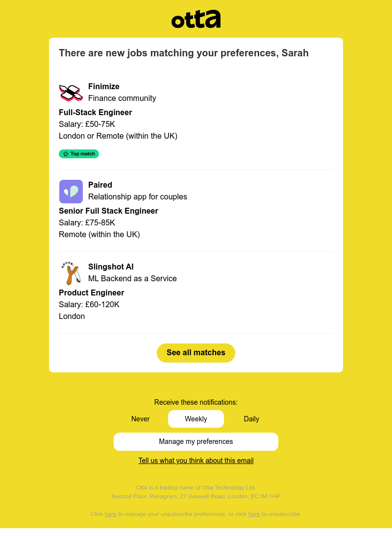 Otta - New match: Full-Stack Engineer at Finimize