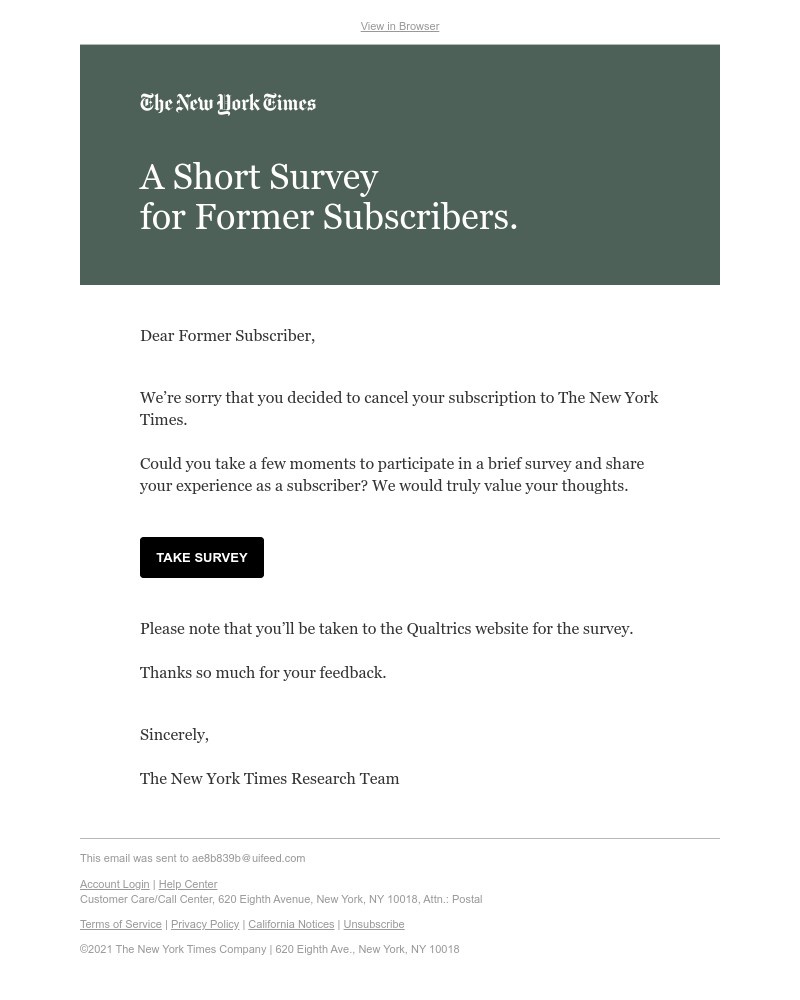 The New York Times - A short survey for former subscribers.