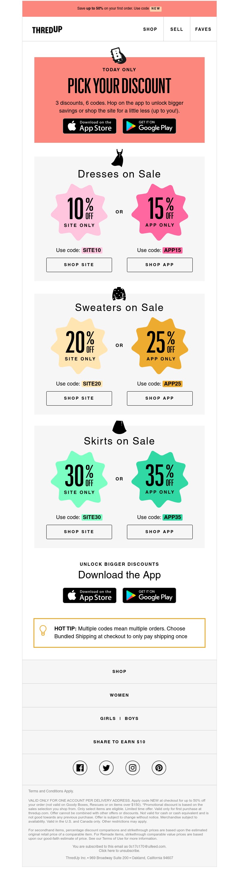 thredUP - TODAY ONLY: 3 discounts, 6 codes