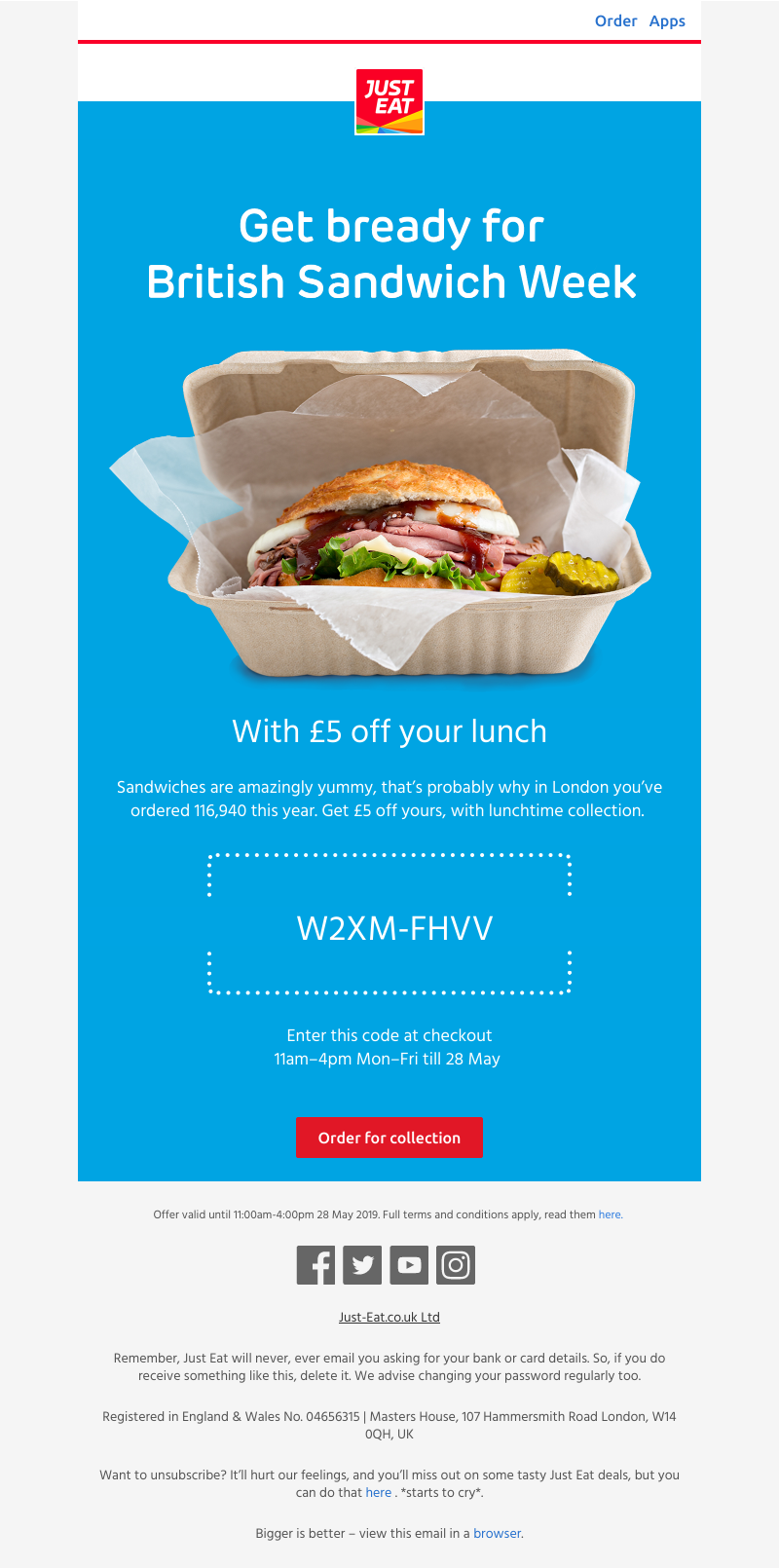 Just Eat - Ramy, get £5 off lunch 🥪 for British Sandwich Week