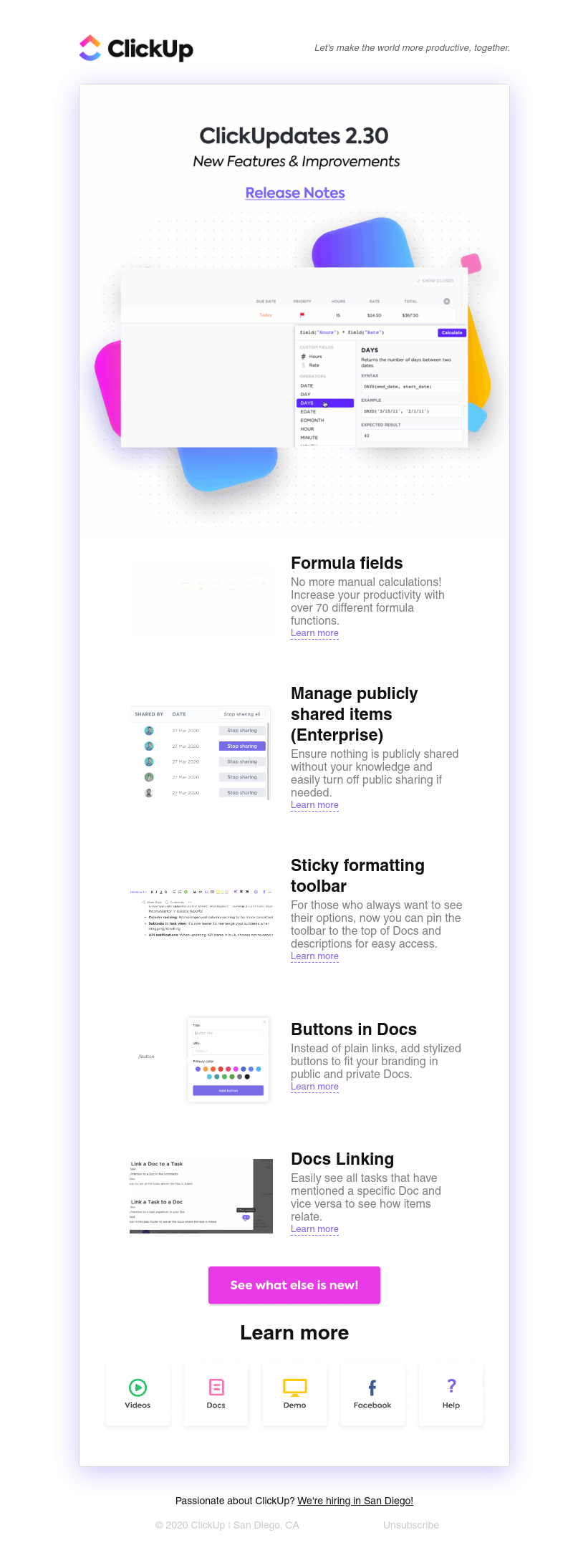 ClickUp - ClickUpdates 2.30 🤯 Formula fields, manage publicly shared items, Docs linking, and more! 