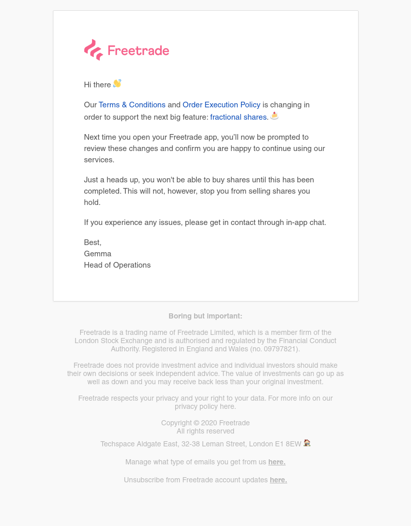 Freetrade - Updated T&Cs and Order Execution policy 📝