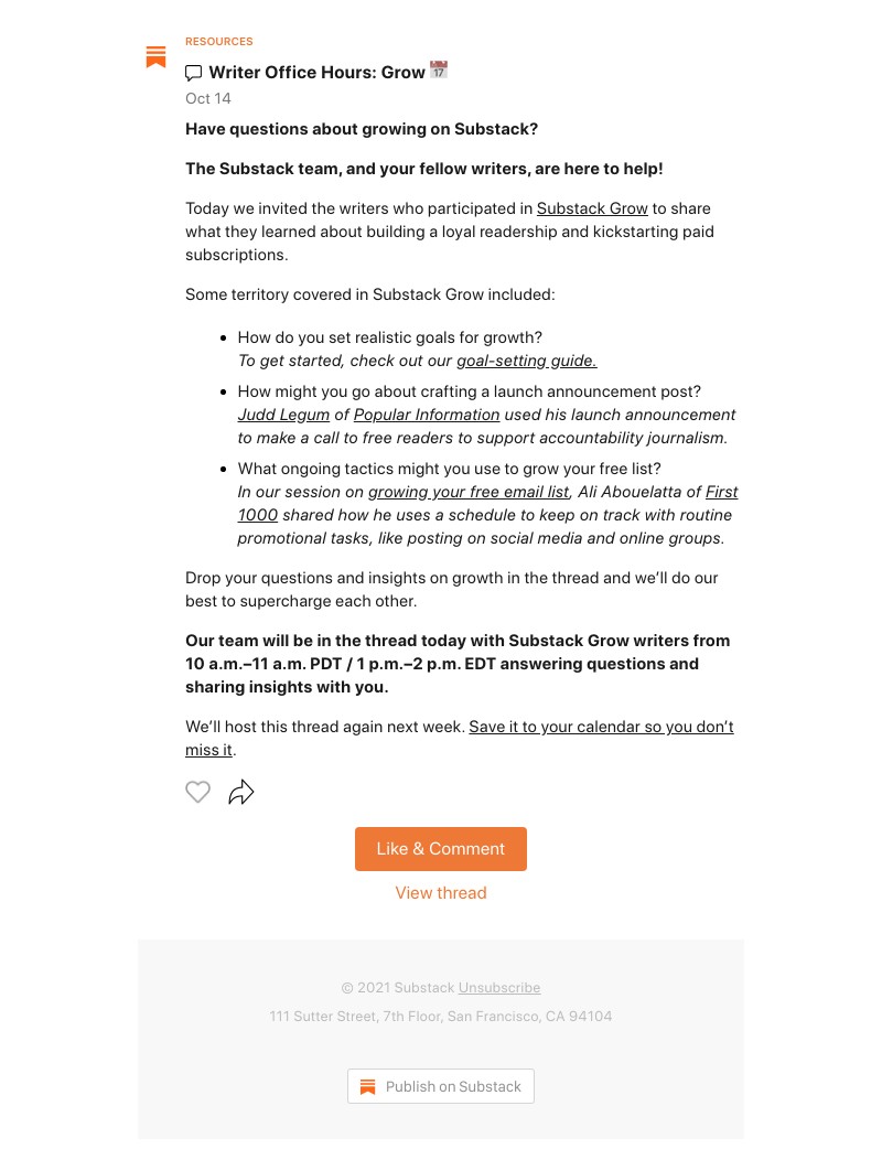 Substack - Writer Office Hours: Grow 📅