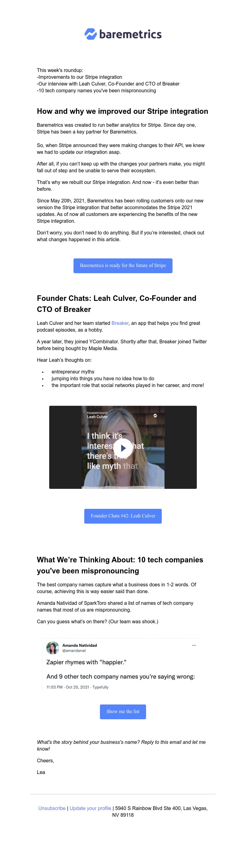 Baremetrics - Real Data Weekly #11: Our improved Stripe integration, interview with Leah Culver of Breaker, and more!