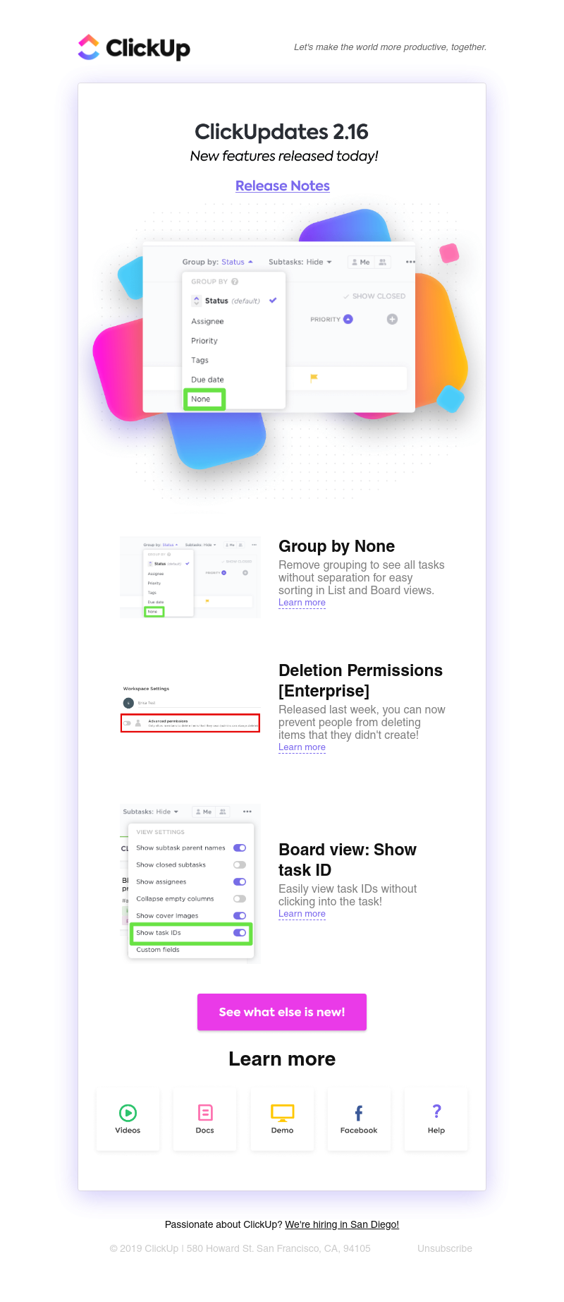 ClickUp - ClickUpdates 2.16: Group by None, Deletion Permissions & Show task ID in Board view!