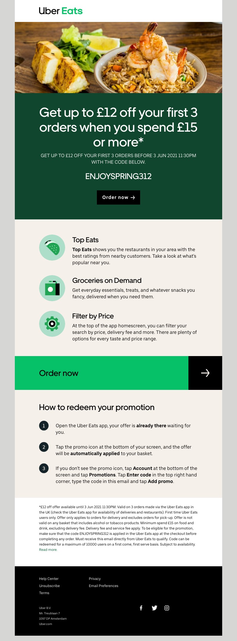 Uber Eats - Get  £12 off  your first 3 orders 