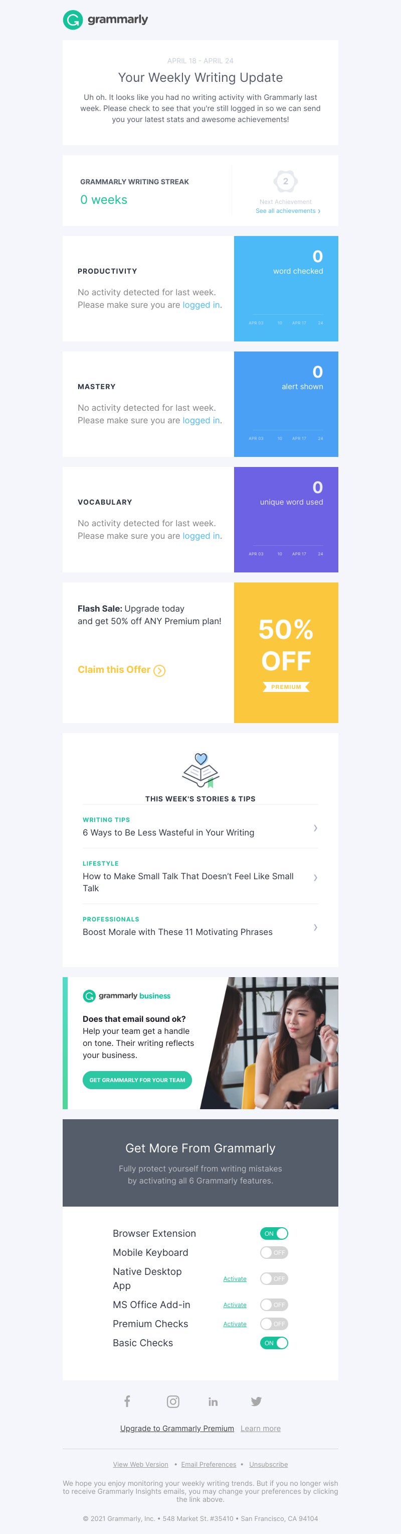 Grammarly - Your Weekly Writing Stats + 50% Off Premium