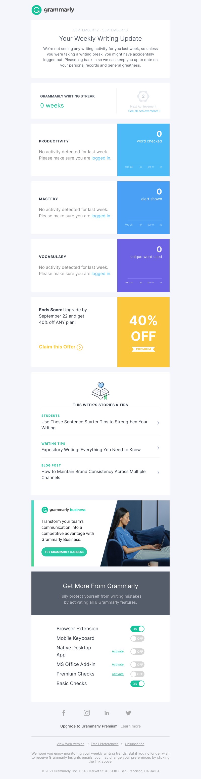 Grammarly - Your Weekly Writing Stats + 40% Off Any Plan