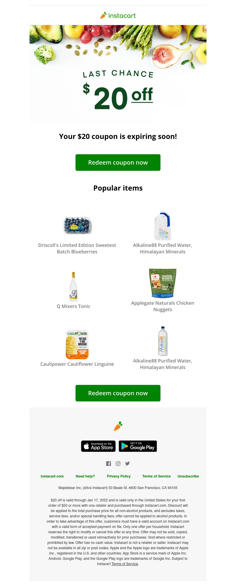 Instacart - 💵 Expiring soon! Claim your $20 coupon!