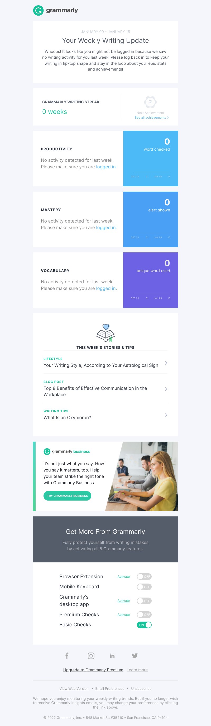 Grammarly - Keep writing to see your super stats.