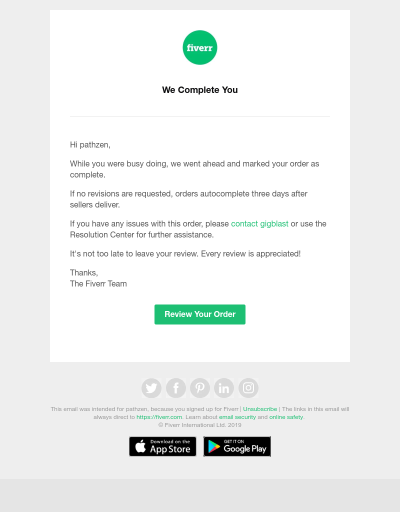 Fiverr - Your order was automatically completed
