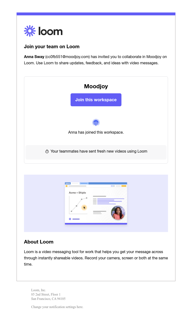  - 👋 Anna Sway has invited you to join your team on Loom