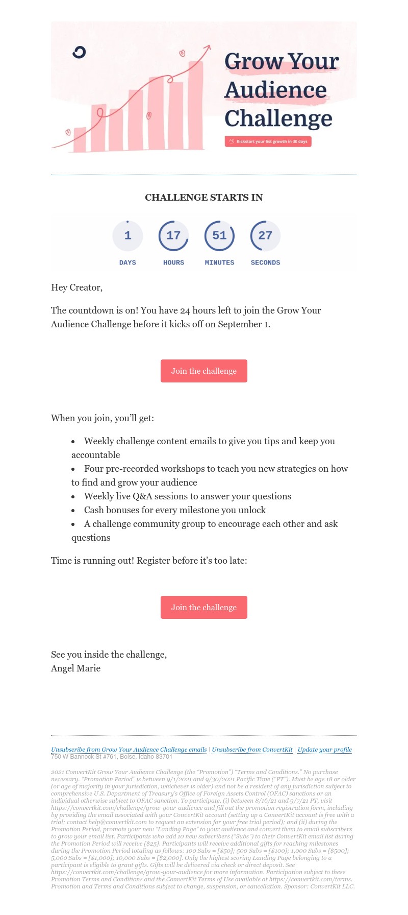 ConvertKit - 24 hours left until the Grow Your Audience Challenge starts