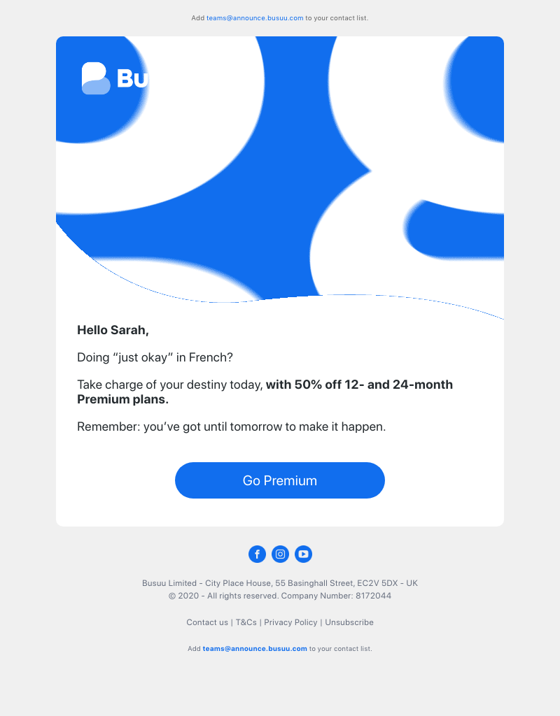 Busuu - 50% off Premium offer now on – use it to channel your drive 💪