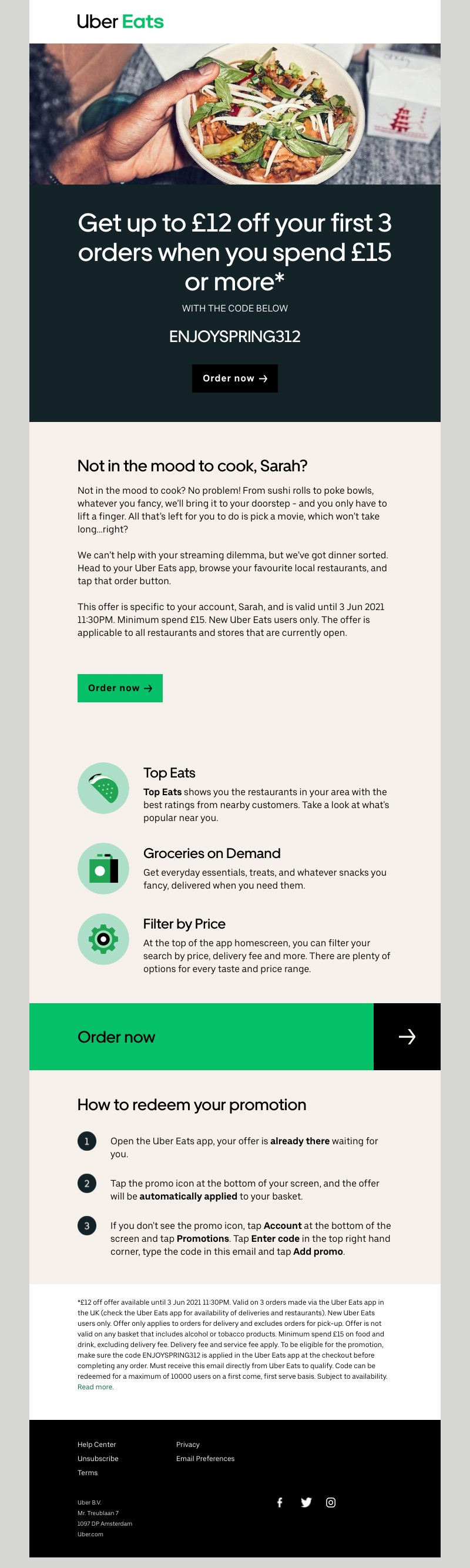 Uber Eats - Get  £12 off  your first 3 orders