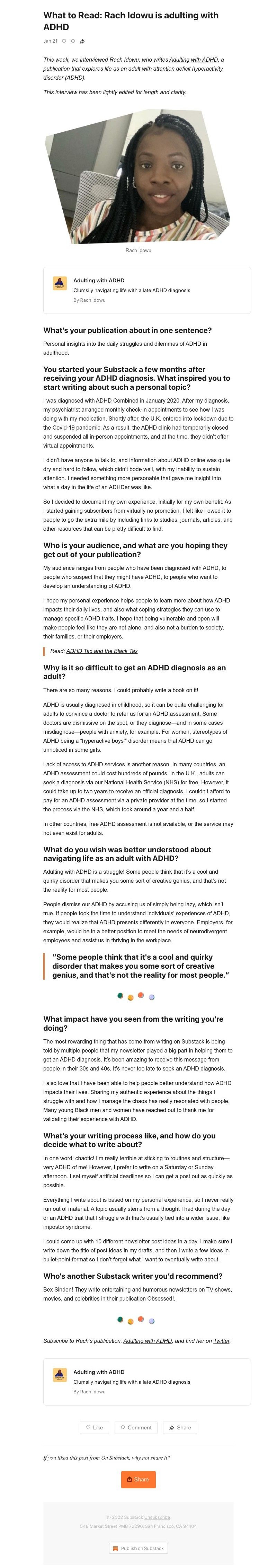 Substack - What to Read: Rach Idowu is adulting with ADHD
