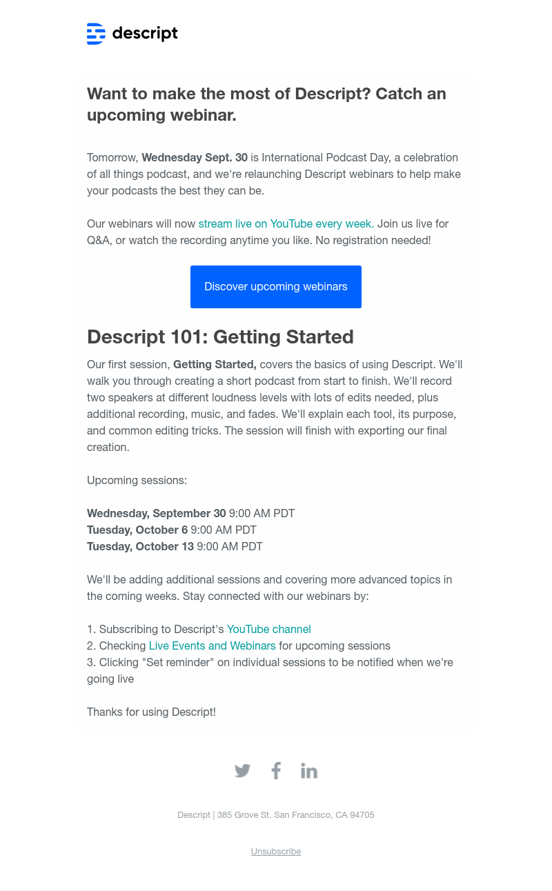 Descript - Weekly webinars are back — now on YouTube, no registration needed