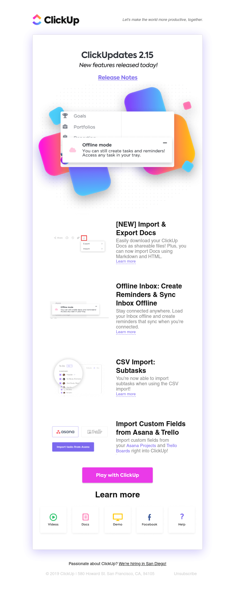 ClickUp - ClickUpdates 2.15: [NEW] Import & Export Docs, Offline Inbox, Import Subtasks via CSV, and more!