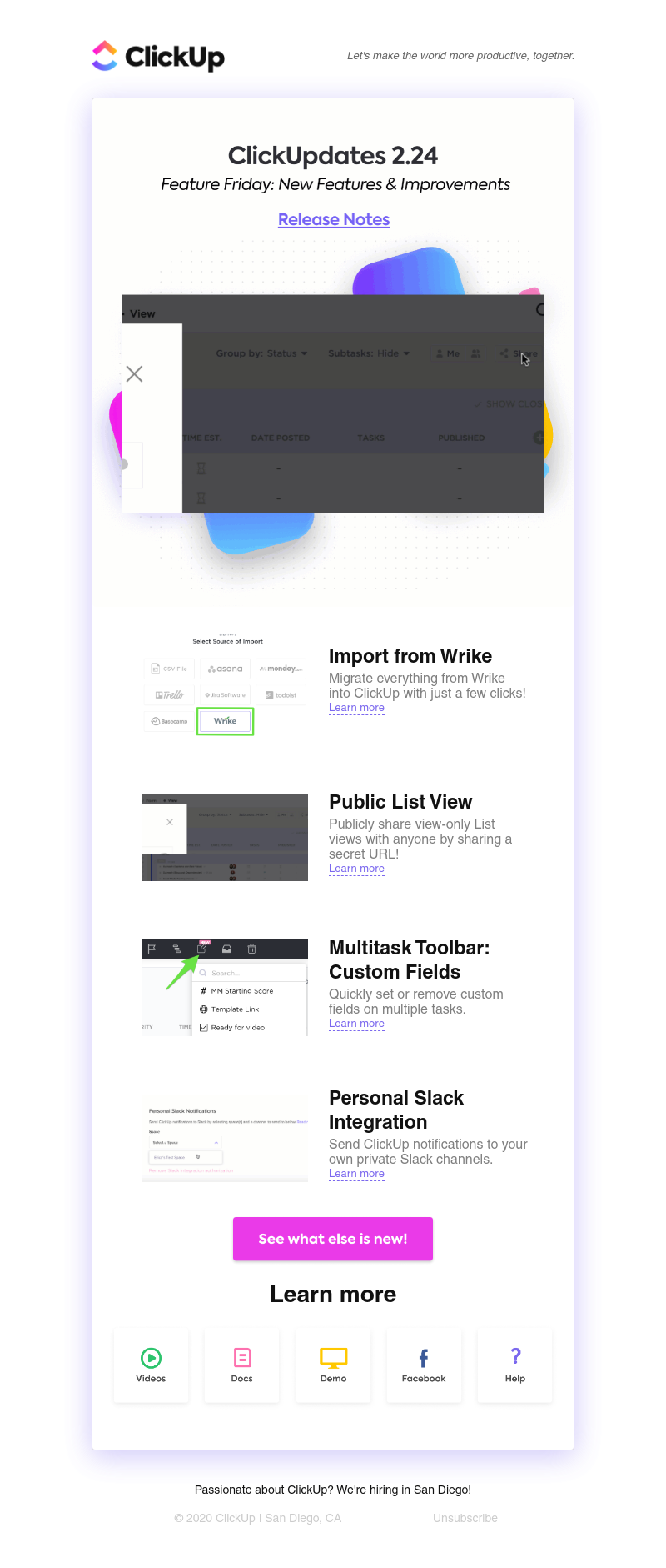 ClickUp - ClickUpdates 2.24: Import from Wrike, Public List View, Multitask Toolbar for Custom Fields, and more!
