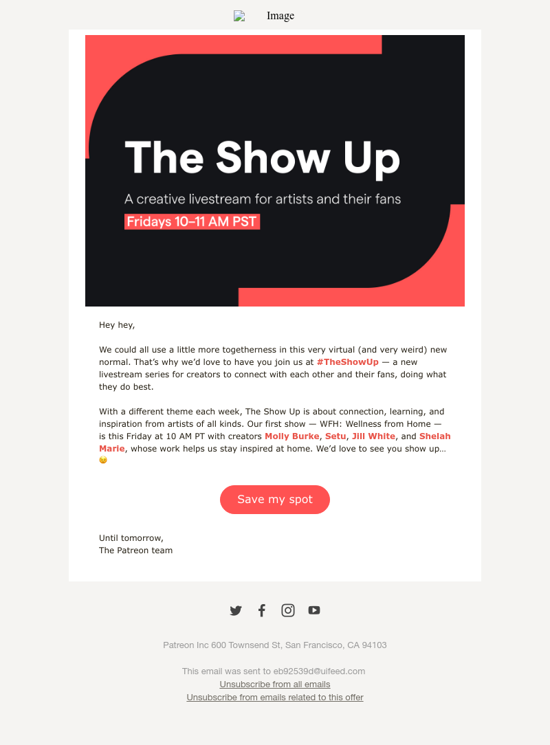 Patreon - Join us this Friday, April 17th at 10am PST for The Show Up: Wellness From Home!
